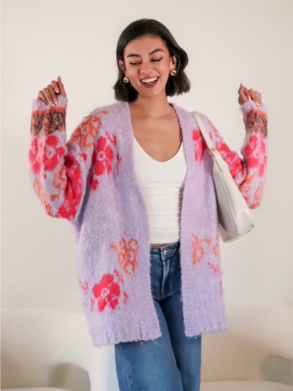 Altar'd State Oversized Open-Front Cosy Lavender Casey Floral Cardigan